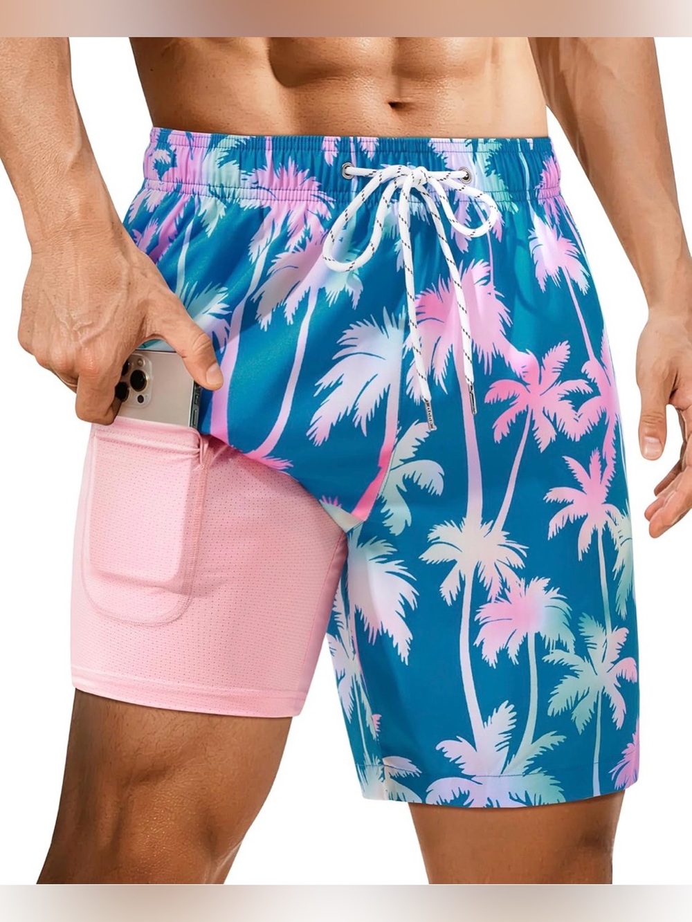0161: Mens Swim Trunks with Compression Liner Mens Bathing Suit 7 Inch
